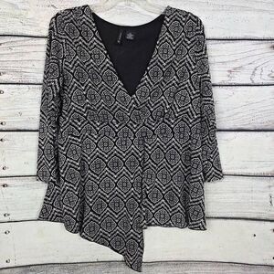 New Directions Black White Print Wrap Blouse XL